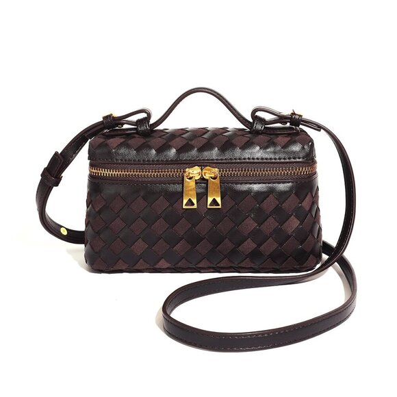 Small Square Box Crossbody Bag with Top Handle Vegan Leather & Suede
